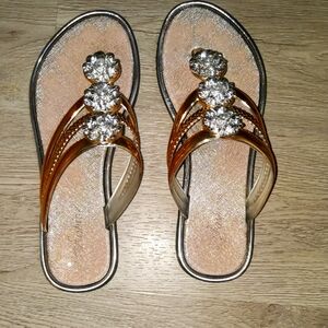 Nine West Gold and Cream Sandals with Rhinestone Embellishments